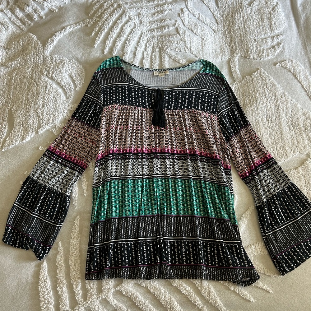 Style & Co. Striped Boho Tunic in Green, Black & Pink with Tassel